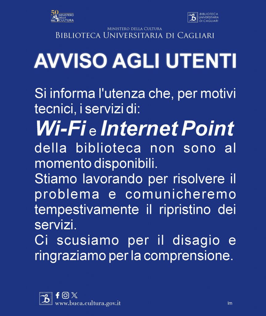 AVVISO
Rete Wi-Fi e Internet Point temporaneamente non disponibili.
Vi informeremo al ripristino dei servizi.